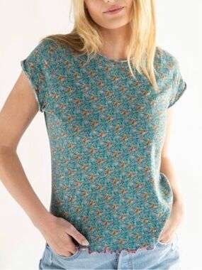 Natural Life Lily Printed Knit Tee Turquoise Pink Floral Lettuce Edge Boho Large